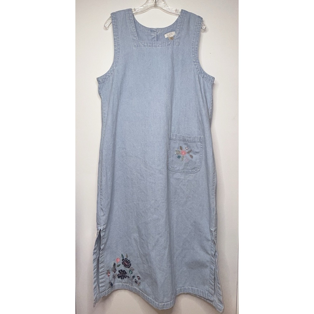 Vintage Christopher & Banks Denim Cottagecore Shift Dress Embroidered Floral XL